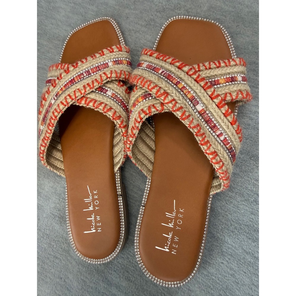 Nicole Miller‎ Kesty Slide Sandal 8.5 Tan Orange Boho Rhinestone Jute Espadrille - Picture 5 of 8